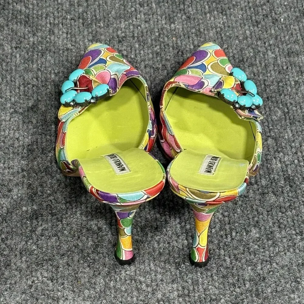 Manolo Blahnik Atomica Shoes Womens 5 Green Blue Printed Silk Mules Heels Italy